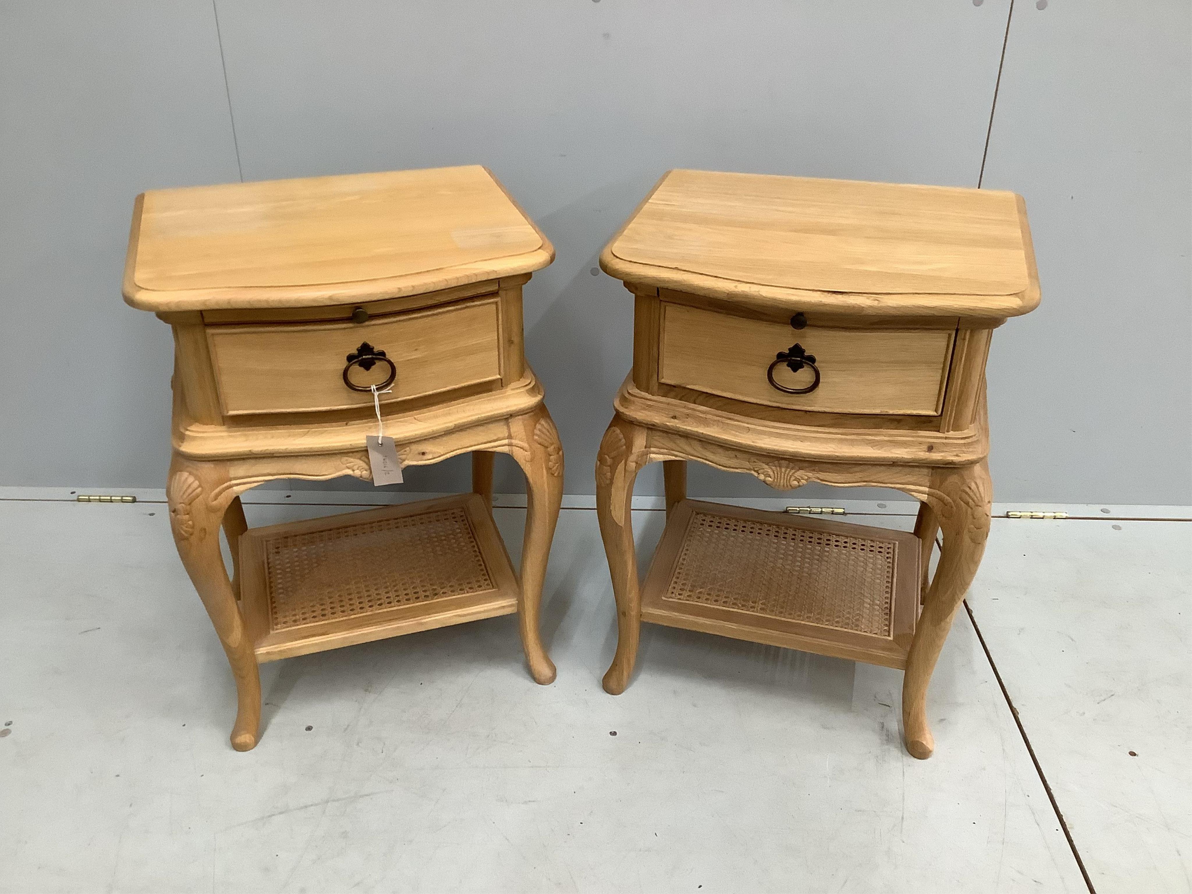 A pair of Willis and Gambier Charlotte caned oak bedside tables, width 49cm, depth 43cm, height 69cm